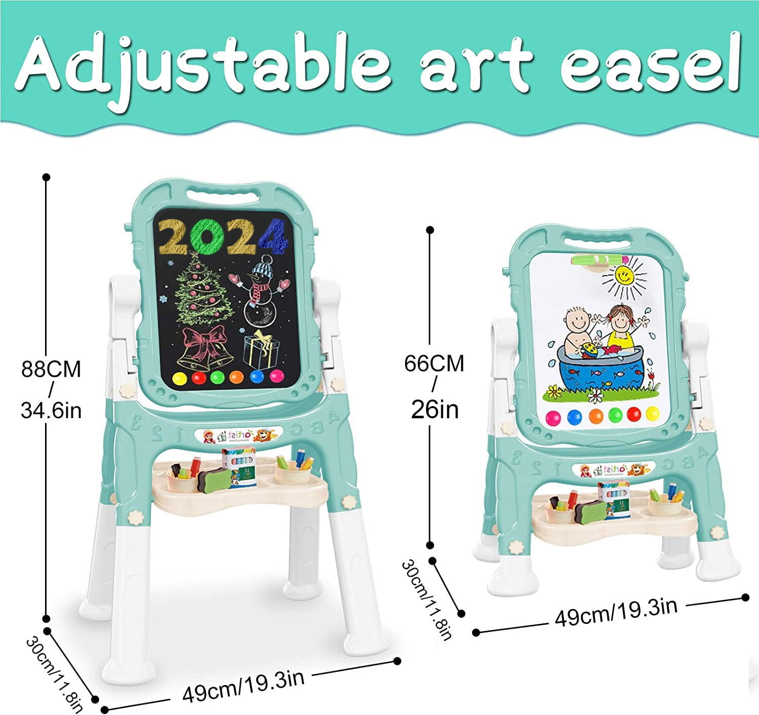 JBeeCtrl Easel for Kids Rotatable Double Sided White Board & Chalk Board Adjustable Standing Kids Art Easel w/ Paint Accessories for Boys Girls Birthday Christmas Birthday Gifts for Kids 3-6 Green