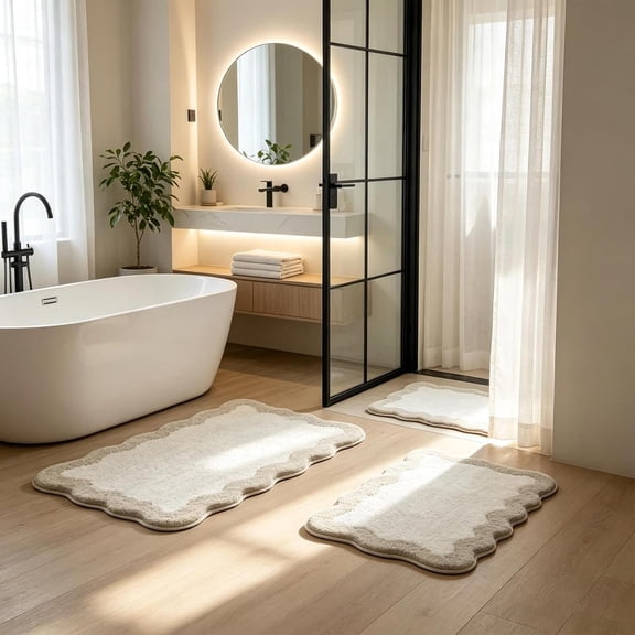 Scalloped Bath Mat, Microfiber Bathroom Rugs, 2 Piece Non-Slip Soft