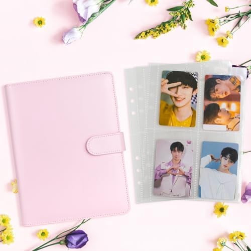 A5 Kpop Photocard Binder, 6 Ring Binder Album with 200 Card Slots, PU Leather Binder Cover with Magnetic Buckle Closure for Organizing Trading Cards - Pink