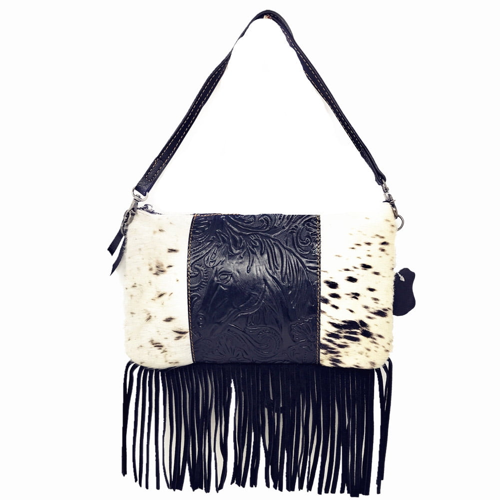 Western Genuine Leather Cowhide Fur Fringe Basketweave Crossbody Bag in 2 colors