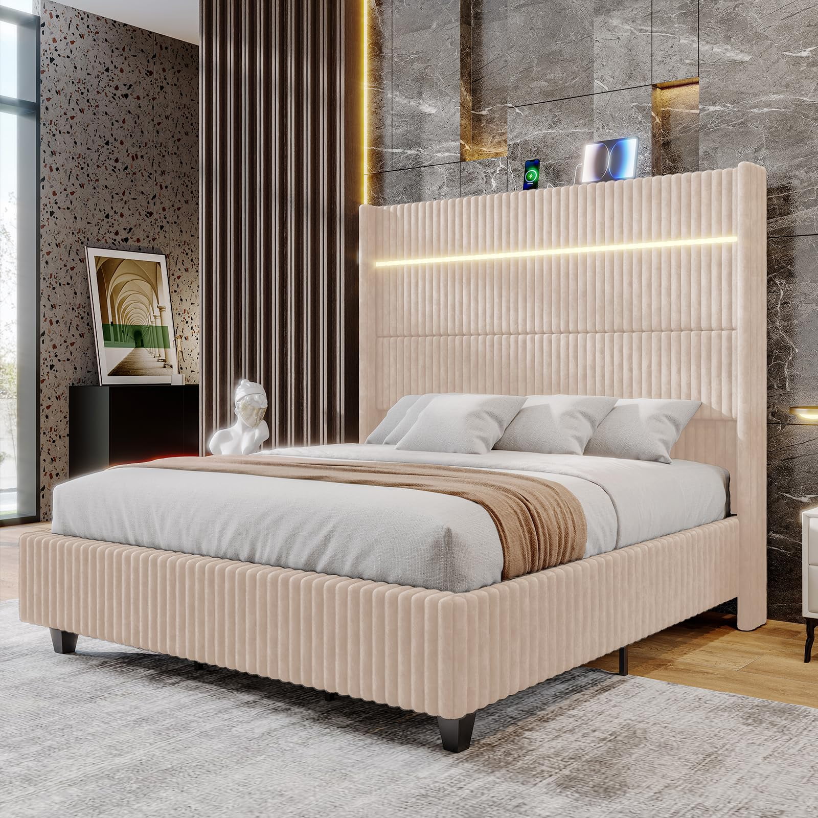 VanAcc Queen Bed Frame with LED Lights Charging Station, Corduroy Upholstered Platform Bed Frame with 60" Tall Wingback Headboard/Beige
