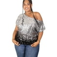 thumbnail image 4 of Women's Plus Size Sequin Sexy One Shoulder Short Sleeve Party Club Top, Sliver and Black, X-Large, 4 of 5
