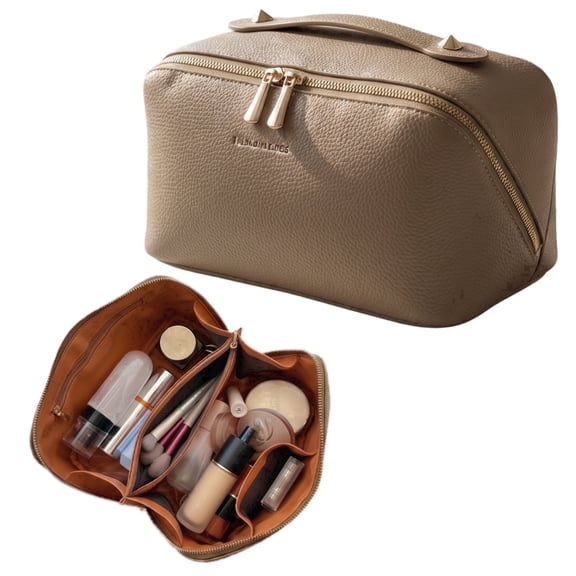 KUEON Travel Makeup Bag, Large Capacity Flat Open Cosmetic Case, Waterproof Litchi Grain Leather Toiletry Organizer for Skincare & Brushes, Khaki