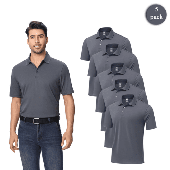 Zfeel 5-Pack Men's Moisture Wicking Polo Shirts, Iron Grey, UV Resistant, Performance Fabric, XS
