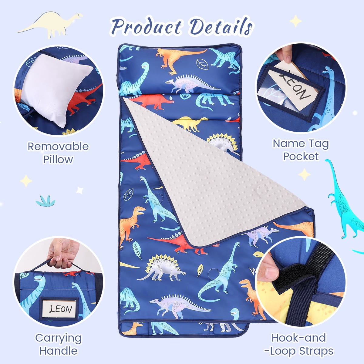 Toddler Nap Mat, Caveen Sleeping Bag with Blanket and Removable Pillow, Portable Slumber Bags for Daycare and Travel, Easy to Roll, 55"x22", Blue
