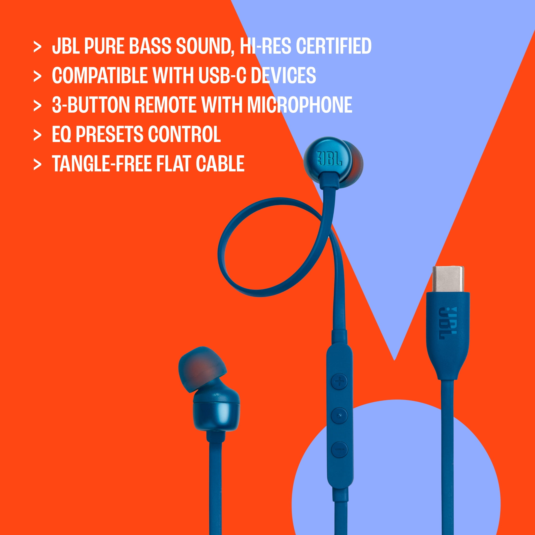 JBL Tune 310C USB - In-ear headphones with Hi-Res Audio support and JBL Pure Bass Sound, USB-C connectivity, 3-button remote with microphone and EQ presets control - White