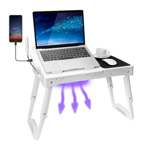 Mesa para portátil TeqHome ajustable con ventilador, 4 puertos USB y luz LED