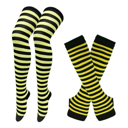 

Women Socks Striped Knee High Socks Arm Warmer Fingerless Gloves Set for Halloween Christmas