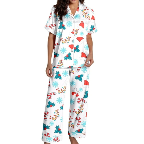 Weebloom Womens Christmas Pajamas Satin Short Sleeve Button Down Tops With Comfortable Pants Soft Cozy Nights And Relaxation Homewear Loungewear White L