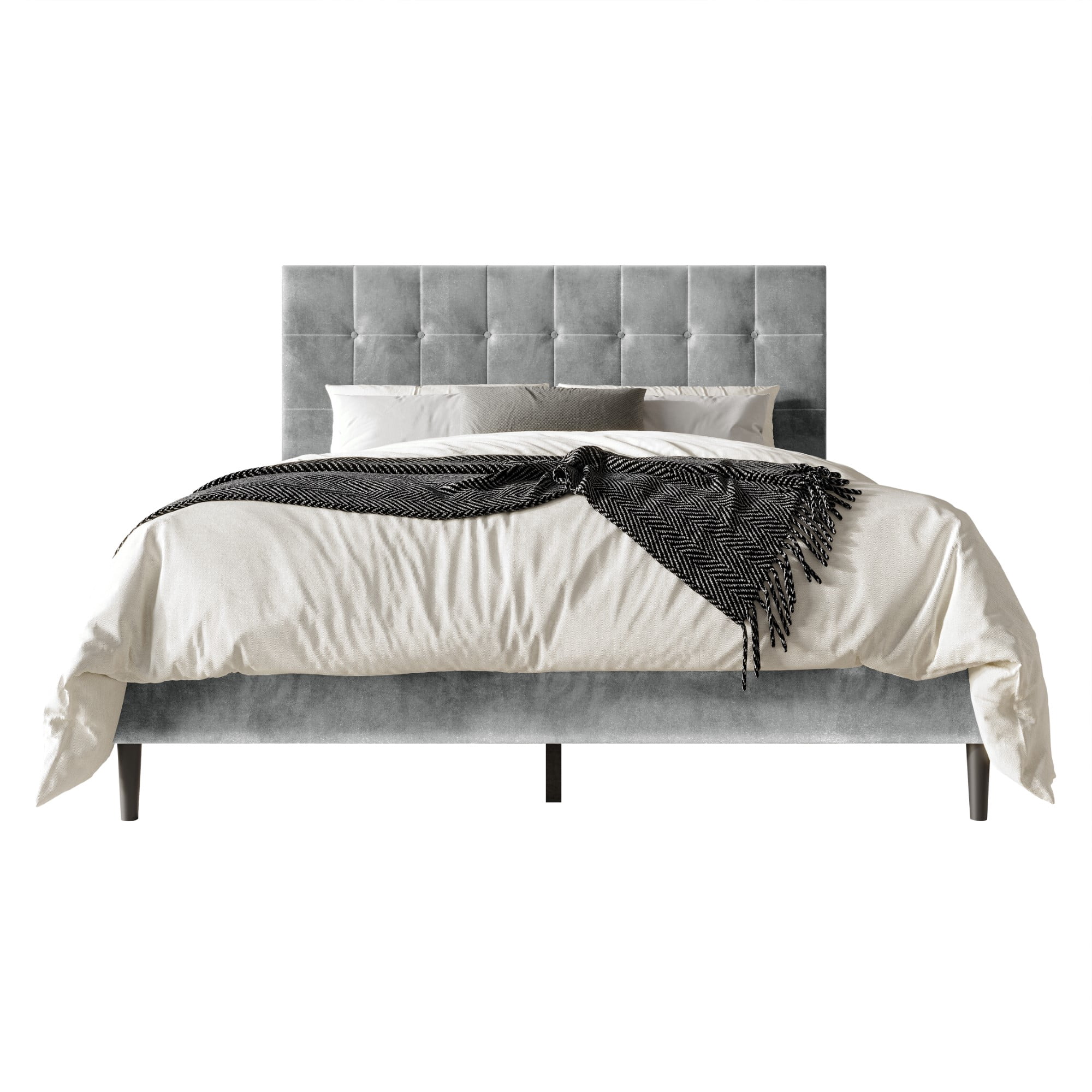 Home Design Marion King Tufted Upholstered Platform Bed Frame with Tufted Headboard and Plush Padding, Silver Gray, Easy Assembly