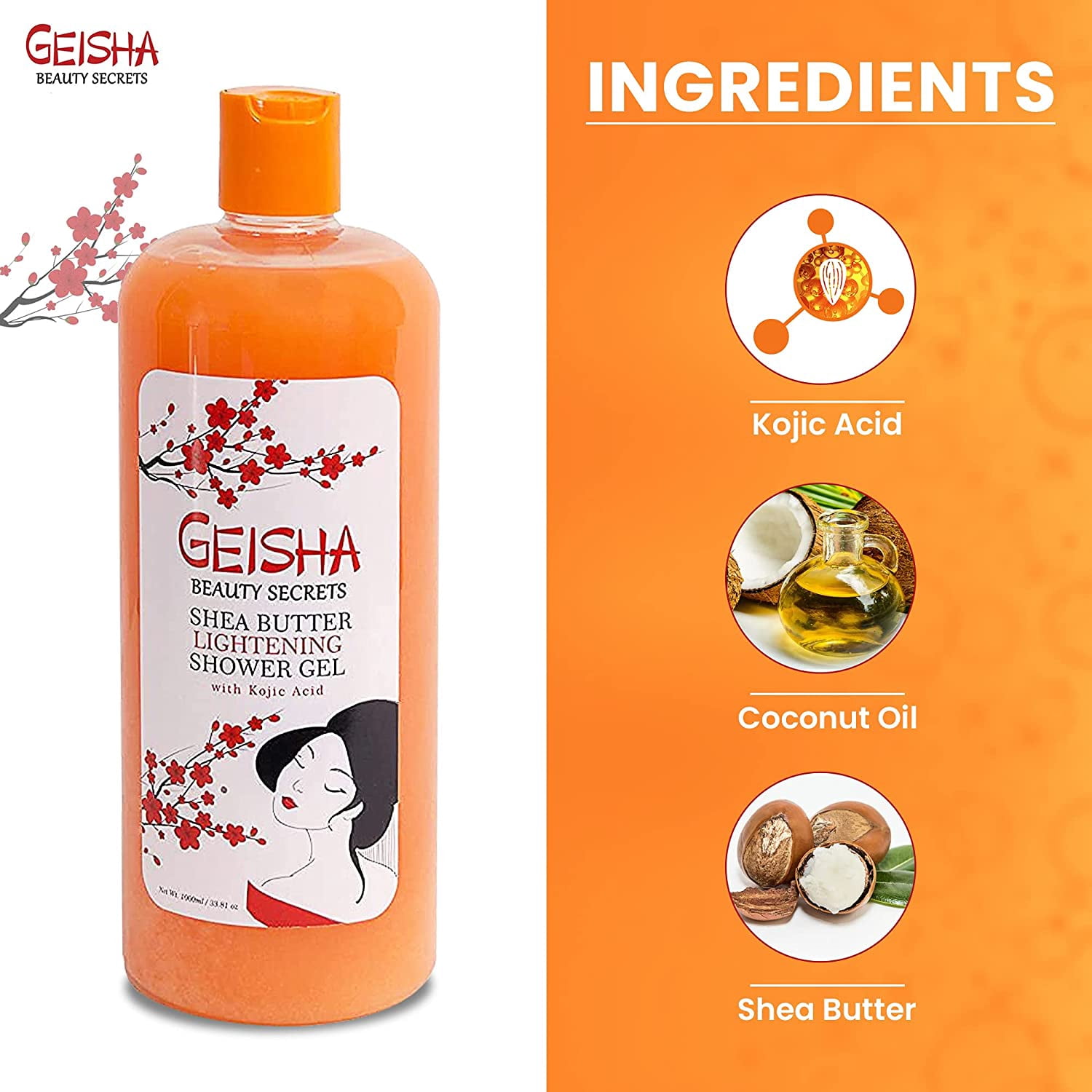Geisha Body Wash & Shower Gel with Kojic Acid and Shea Butter, Coconut Scent, 1000ml