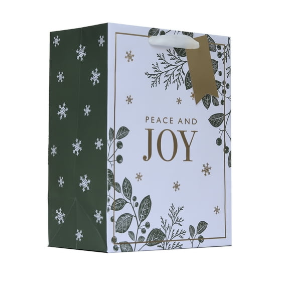 Medium Green, White, and Gold Peace and Joy Christmas Paper Gift Bag, 7.5" x 4.5" x 9.87", by My Texas House