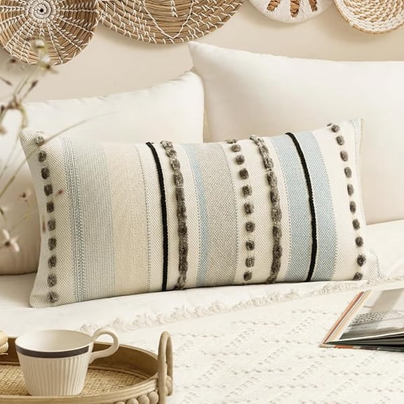 1997 Boho Decorative Blue Throw Pillow Covers 12x24 Inch Set of 1 Tufted Chenille Farmhouse Cushion Covers Textured Striped Pillow Covers Accent Neutral Pillowcases for Sofa Couch Bed Home Decor