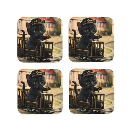 

Tideii Adorable Kitten On Mini Train for Leather Coasters 4 Pieces Anti-fouling and Anti-scalding Decorative Coasters Suitable for Restaurants Kitchens Coffee Shops-Square