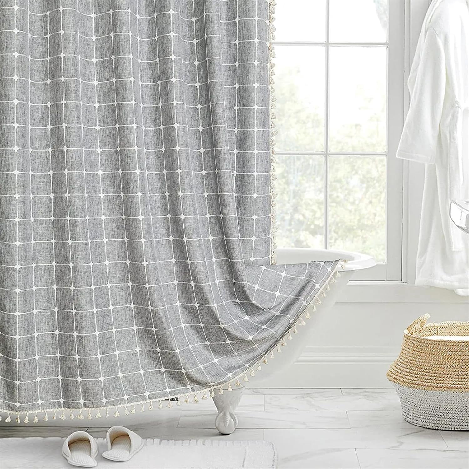 Zrodlmo Boho Farmhouse Shower Curtain with Hooks Rustic Cottagecore Fabric Bathroom Curtain with Tassels, 72" x 72", Gray