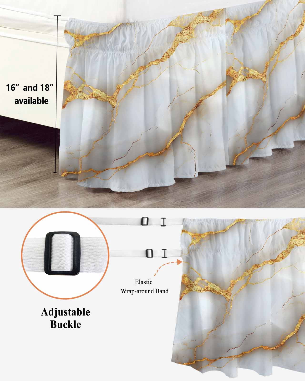 Marble Grey Bed Skirt Queen Size, Gold Texture Modern Crack Scenery Wrap Around Bed Skirting with Adjustable Elastic Strap, Dust Ruffle Pleated Bedskirts 16 Inch Drop for Bedroom Queen Beds