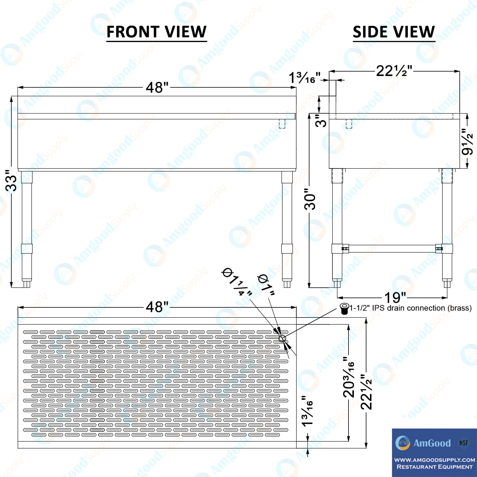 AmGood Underbar Stainless Steel Drainboard 22-1/2 in. x 12 in. x 48 in. H with 3 in. Backsplash