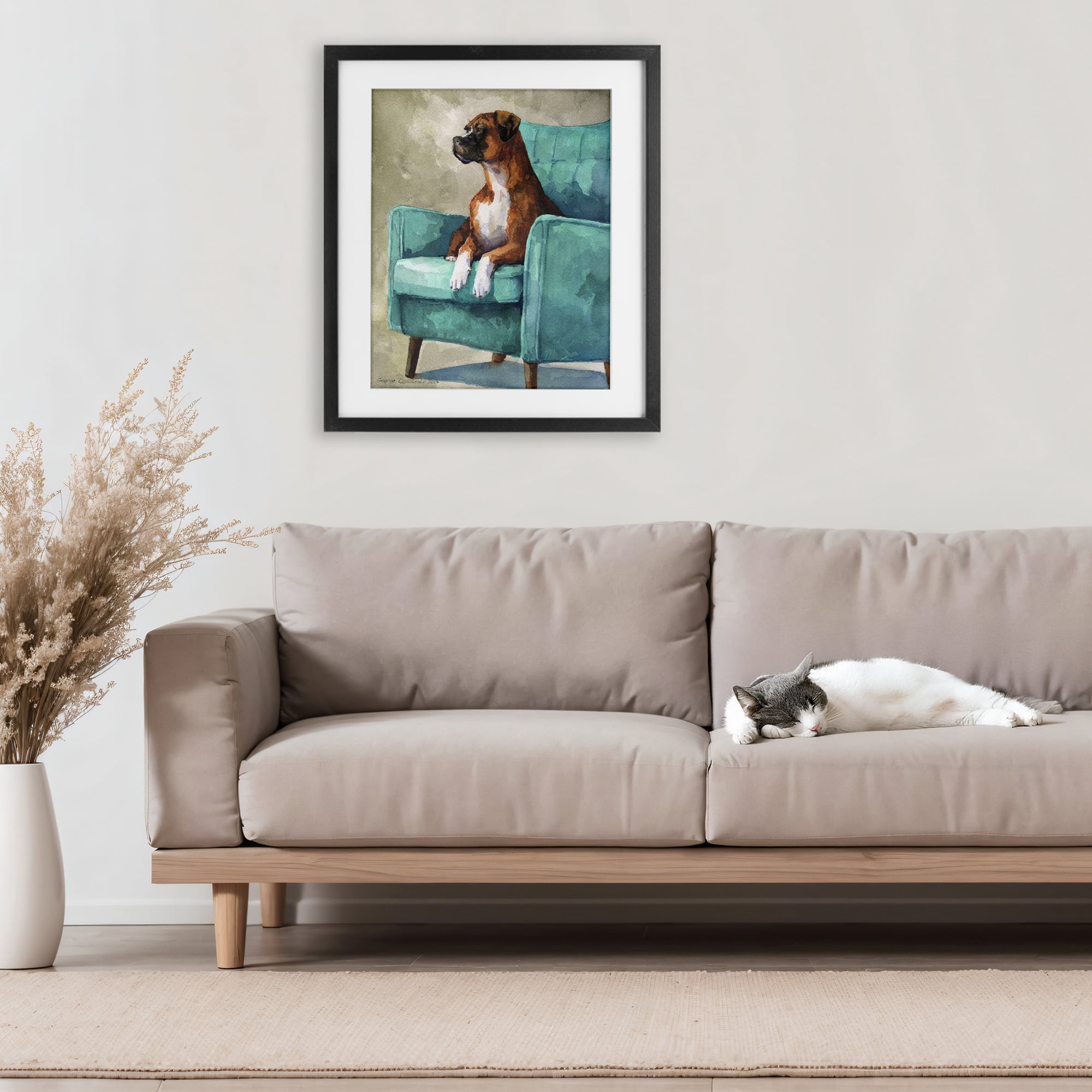 Stupell Industries Majesty Boxer on Armchair Black Framed Print Under Glass, design by George Dyachenko