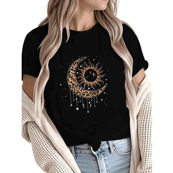 Giffimy Women Leopard Print Sun Moon Celestial Graphic Tees T-Shirt Tops Round Neck Printed Cotton T-Shirt Black S-5XL