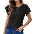 thumbnail image 1 of Camisa de manga corta abombada para mujer, cuello redondo, Top con ojales de ganchillo, suave, informal, para uso diario, oficina, escuela, compras, 1 of 6