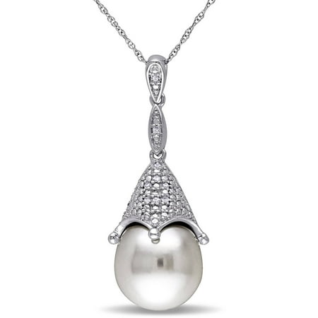 Miabella 12-12.5mm White Drop Cultured Freshwater Pearl and Diamond-Accent 10kt White Gold Drop Pendant, 17