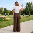 thumbnail image 7 of Vxararl Womens Wide Leg Flowy Palazzo Pants High Waisted Flowy Lounge Trousers with Drawstring Fashion Beach Travel Vacation Fall Clothes Palazzo Pants for Women Brown S, 7 of 7