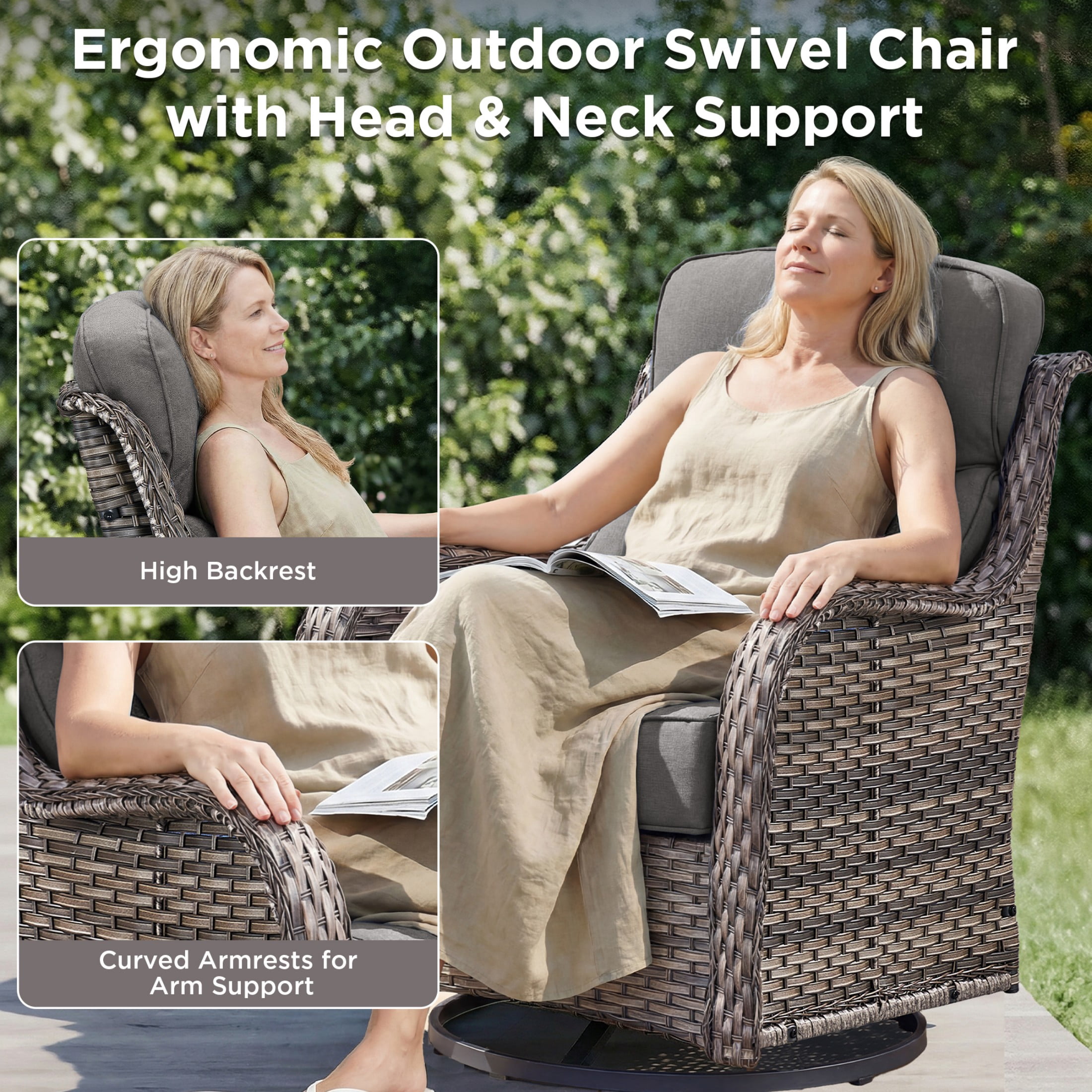 Unnifurnzi 10 Pieces Wicker Outdoor Furniture-Outdoor Swivel Chairs Set of 4 with 6 Inch Thick Cushions Outdoor Couch with Outdoor Ottoman Patio Furniture Set for Deck Porch Poolside-Gray/Gray