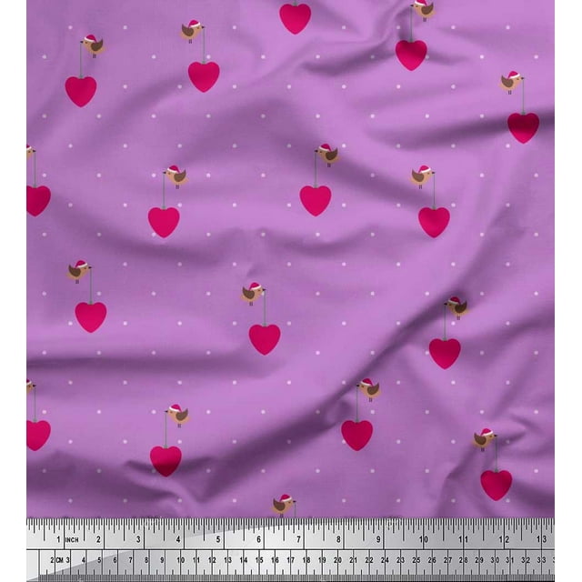 Soimoi Polyester Crepe Fabric Dot,Heart & Bird Clip Art Decor Fabric Printed Yard 52 Inch Wide