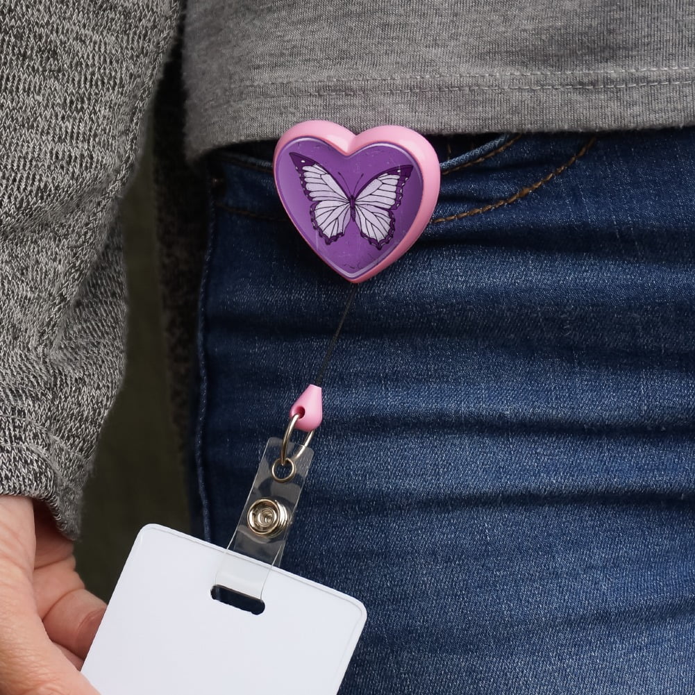 Butterfly Artsy Purple Heart Lanyard Retractable Reel Badge ID Card Holder