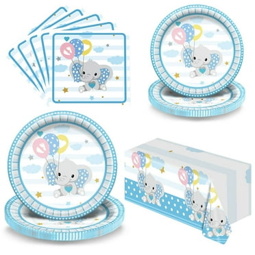 Blue Elephant Baptism Celebration Set - Complete Tableware for Baby Boy's Special Day, Includes Disposable Plates, Napkins, and Tablecloth for 25 Guests