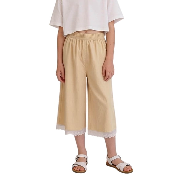 XuJwPNcy 6M-14T Toddler Girls Summer Capris Mid Waisted Lace Trim Trousers Infants Wide Leg Thin Capri Pants Casual Clothes