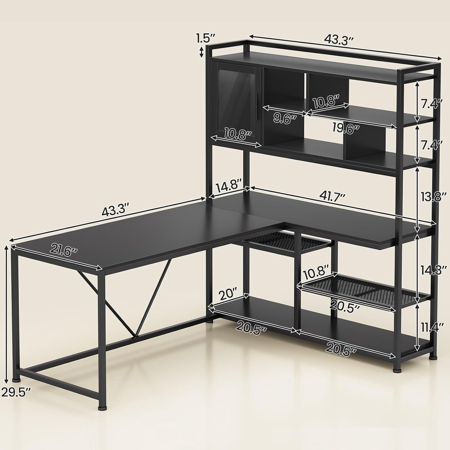 Reversible Gaming Desk with LED Lights & Hutch, L Shaped Computer Desk with 7-Tier Storage Shelves & Glass Cabinet, Black