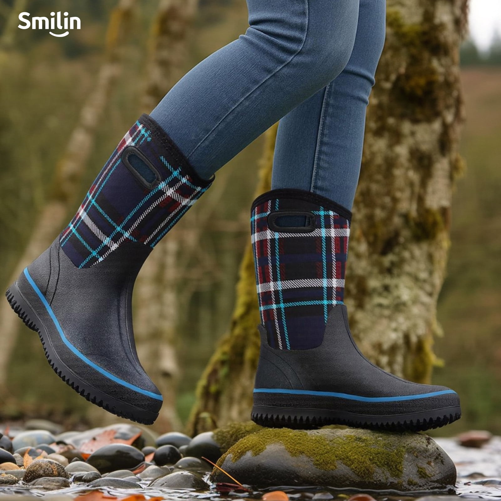 SMILIN Rain Boots for Women, Anti-slip Mid Calf Women Mud Boots, Blue, Size 11