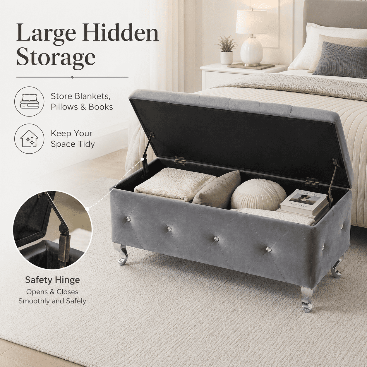 Aukfa 38" Upholstered Storage Ottoman Bench with Hidden Storage, Crystal Tufted Velvet Bed Bench, 380 lb, Gray