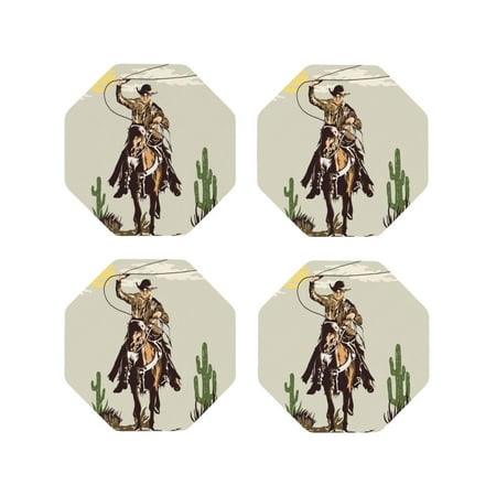 

Fuzoiu Vintage Cowboy Riding Horse Print Leather Coasters Set Drink Coasters Set of 4 for Tabletop Protection Durable PVC Coasters Home Décor and Housewarming Gift-Octagon