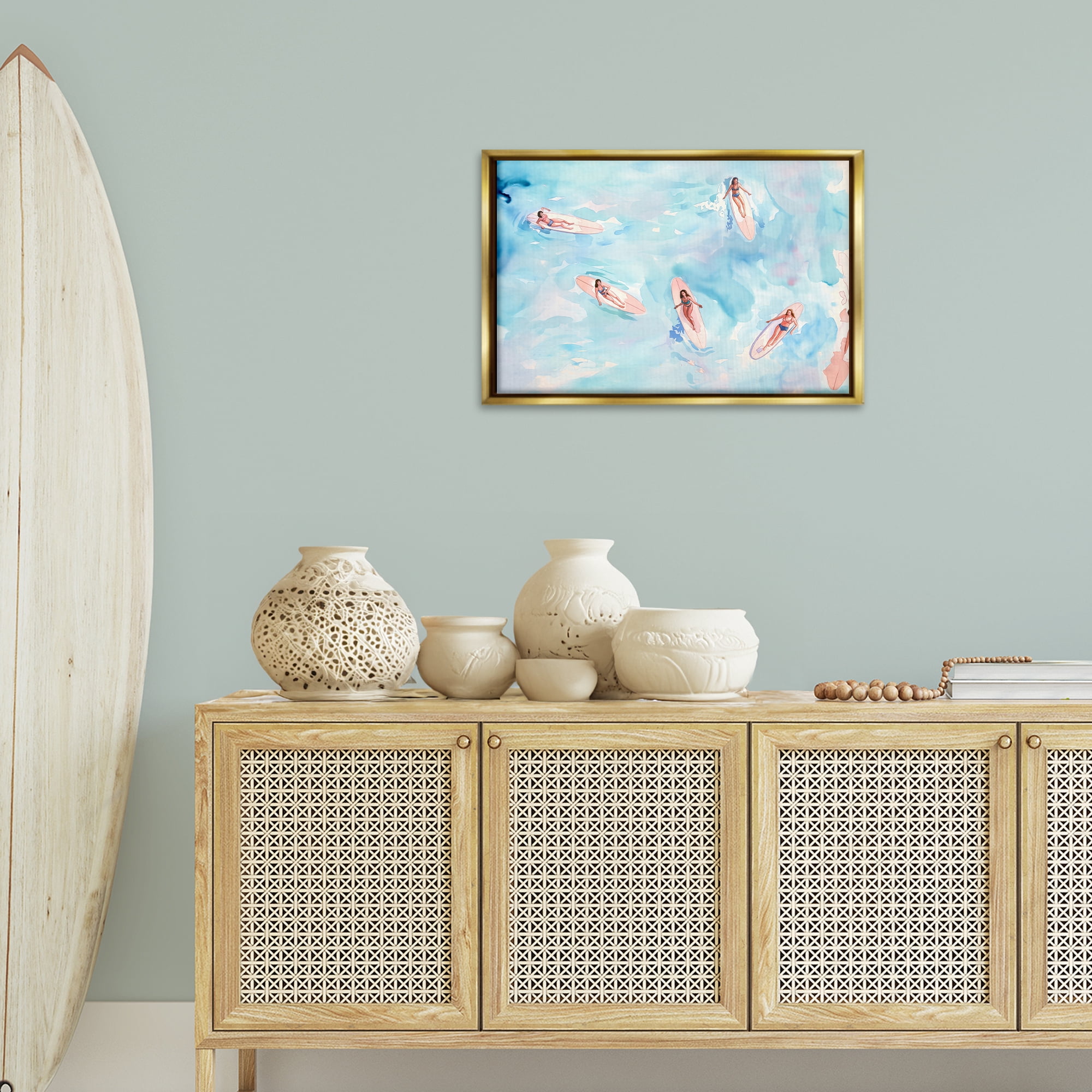 Stupell Industries Surfer Girls on Sea People Painting Gold Floater Framed Canvas Art Print Wall Art, 25 x 17