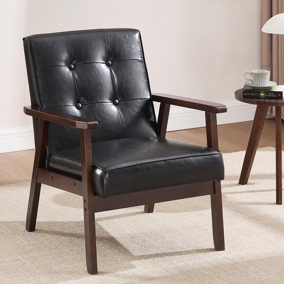 Bonzy Home Leather Accent Chair, Mid Century Modern Armchair with Solid Wood Legs, Reading Leisure Chairs with Thick Seat Cushion for Living Room Bedroom Waiting Room, Black