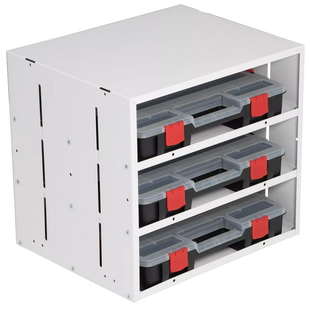 Weather Guard Van Storage System Cabinet 9960-3-01 Shelf/Floor Mount; 3 Shelves; White; Powder Coated; Steel; Non-Lockable; Stackable Cabinets With Three Small Parts Organizer Cases