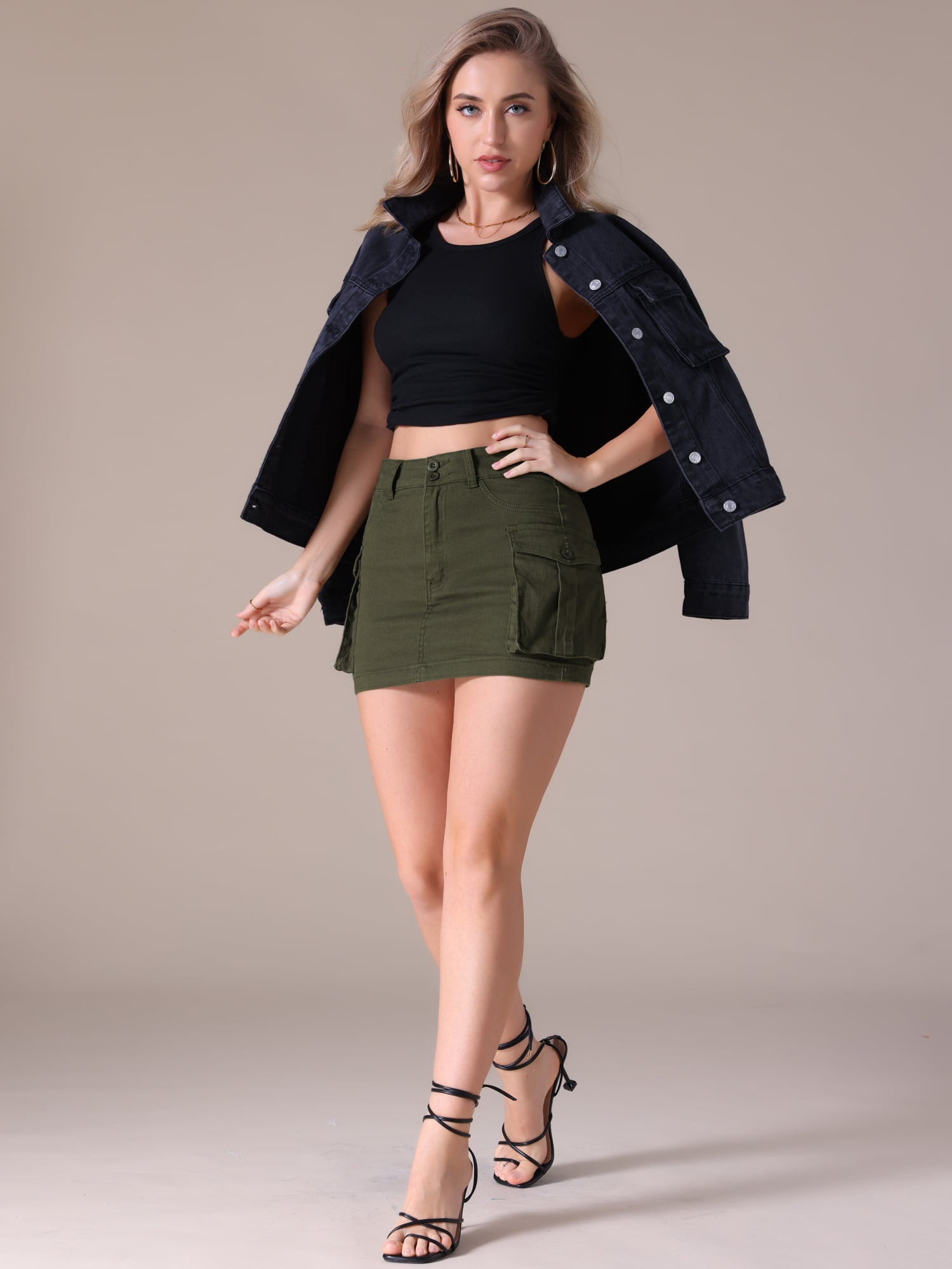 DARING DIVA Women's Denim Skirt Cargo Pockets Button Mini Jeans Skirts S Army Green