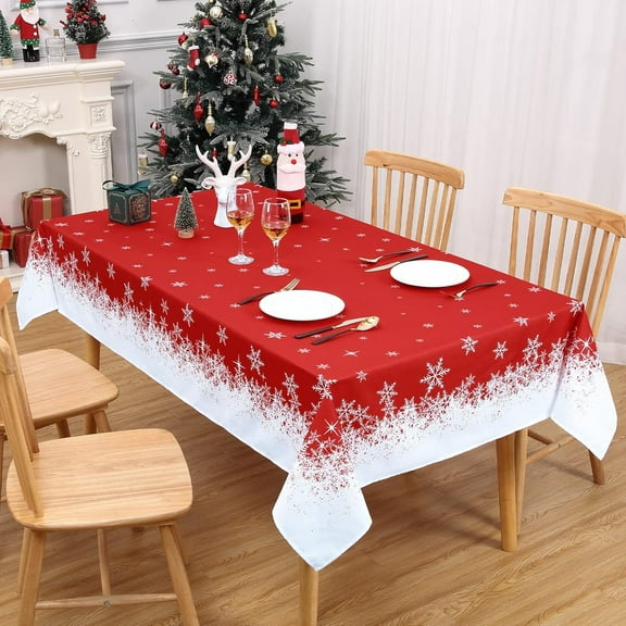 Christmas Tablecloth 60 x 84 Chirstmas Tablecloth for Rectangle Tables, Red Snowflake Xmas Tablecloth Indoor Ombre Decorative Table Cover for Holiday Party Outdoor Home Decor