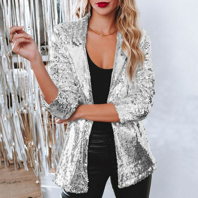 Sequin Lapel Blazer, Sparkly Party Jacket, Night-Out Statement Coat Silver S , Coat