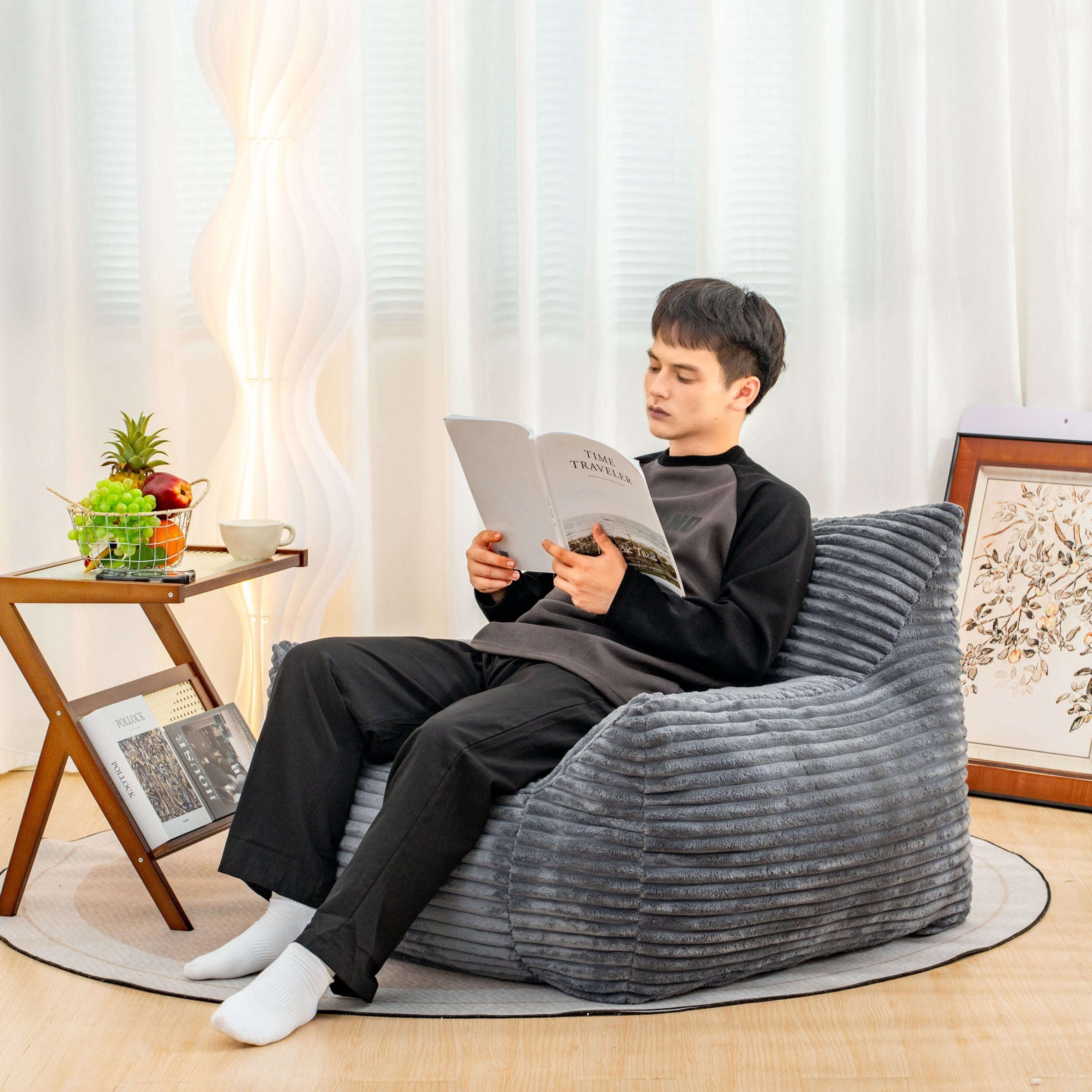 Oversized Bean Bag Chair for Adults with Armrests, Comfy Foam Lounge Sofa Chair for Living Room Bedroom Dorm, Gray