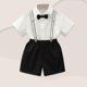 thumbnail image 2 of Odeerbi Chicos 4 Piezas Caballero Traje Formal Preppy Vestido de Manga Corta Camisa de Vestido + Traje Pantalones Cortos + Colgantes + Corbata Colegial Conjunto de Uniforme, 2 of 8
