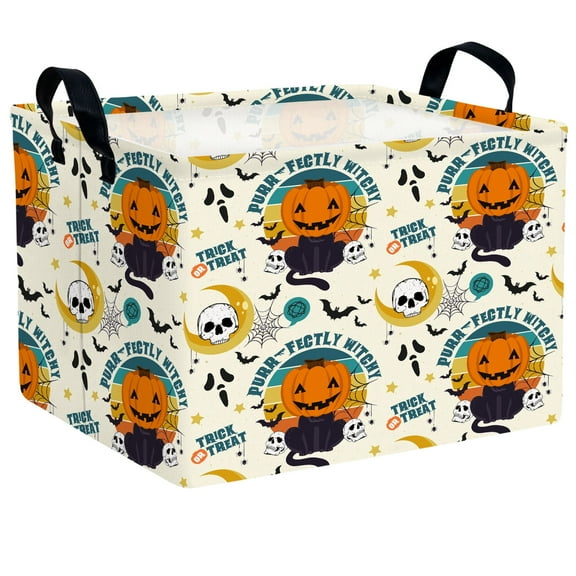 ASKETAM Cute Pumpkin Halloween Basket for Kids Trick or Treat Party Decor Storage Bin (Cat Bat Skull)