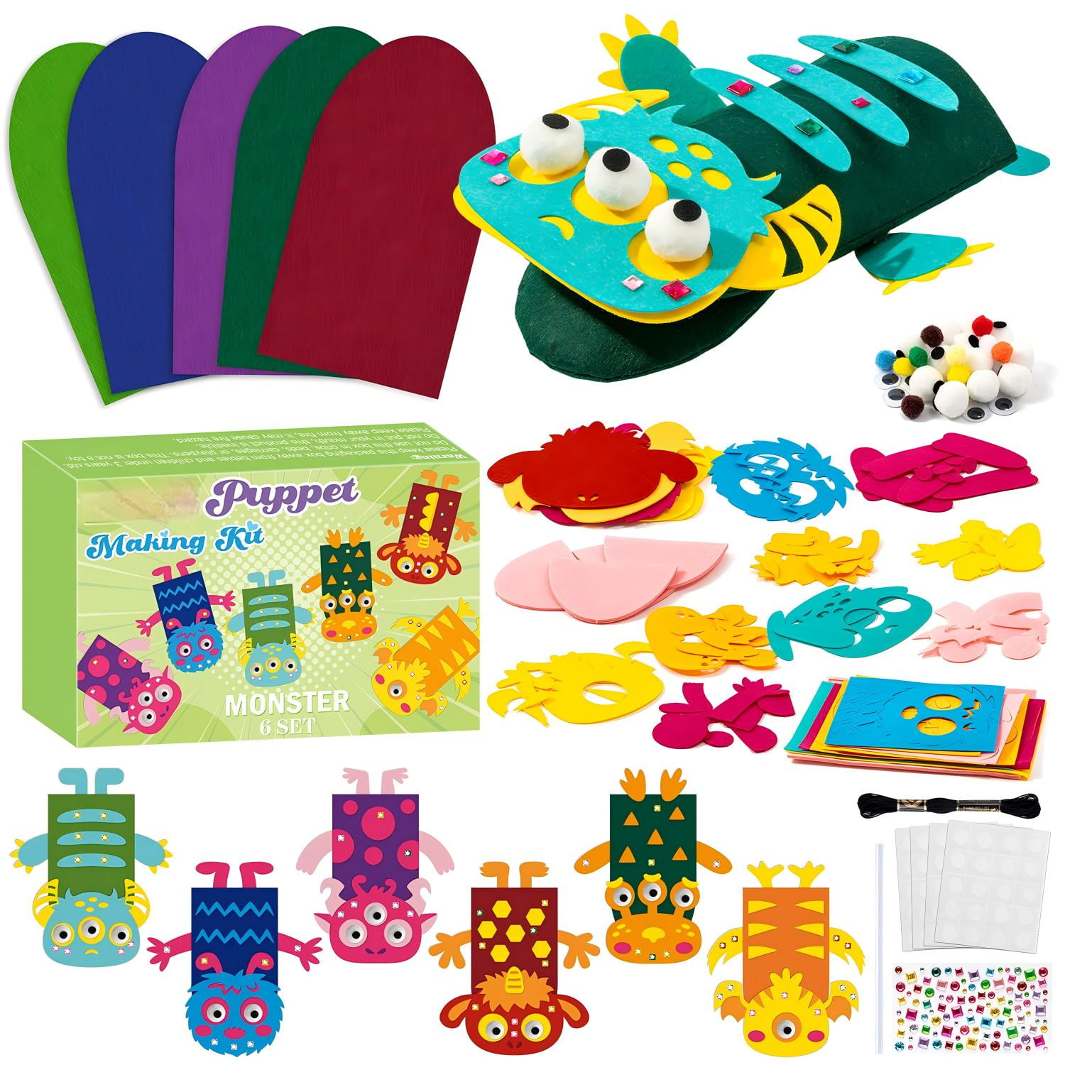 Belanttega 6 Sets Monster Hand Puppet Making Kit - Create Your Own Felt Sock Puppet with DIY Materials for Beginner, Creative Gift Supplies