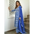 thumbnail image 4 of Janasya Indian Women's Blue Cotton Floral Block Print Kurta with Flared Palazzo and Dupatta, 4 of 7