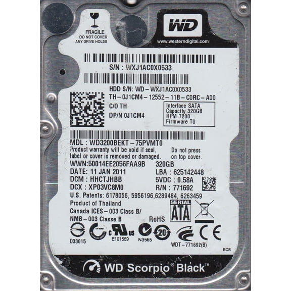 WD3200BEKT-75PVMT0, DCM HHCTJHBB, Western Digital 320GB SATA 2.5 Hard Drive