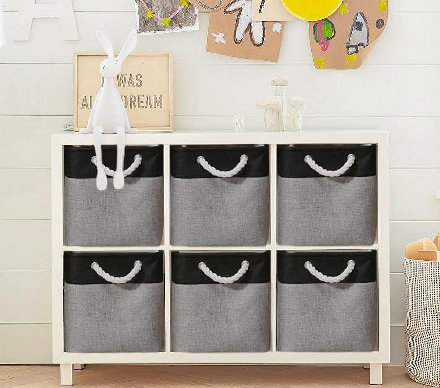 Large Cube Storage Baskets (10.5 × 10.5 × 11 inches), Canvas Fabric Collapsible Storage Boxes with Cotton Handles for Closet, Shelves, Clothes, Toys, Towel (Black&Grey-6Pack)