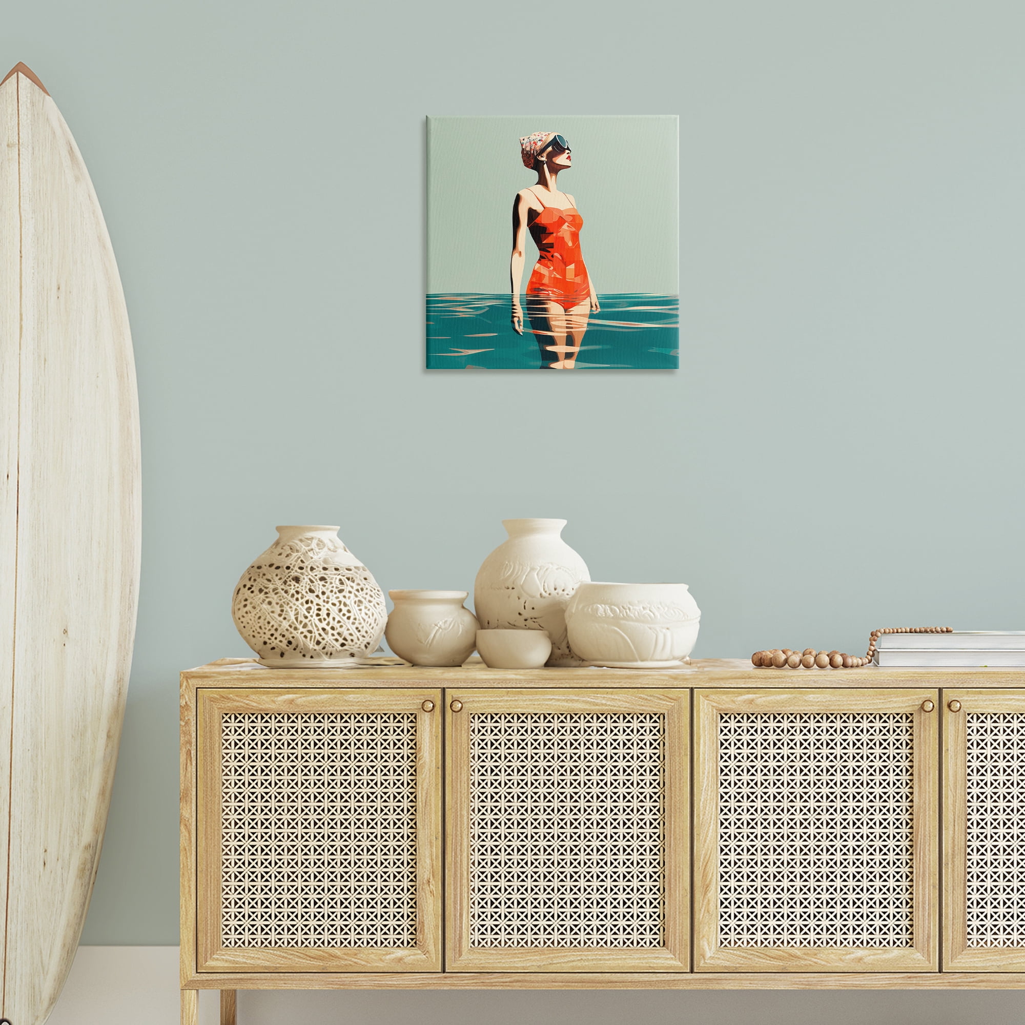 Stupell Industries Retro Woman in Swimsuit Novelty Painting Gallery Wrapped Canvas Art Print Wall Art, 24 x 24