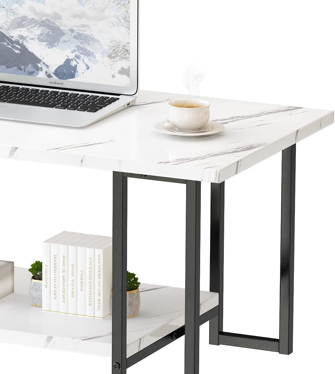 MIERES Coffee Table, Modern Faux Marble Top Coffee Table with Metal Frame and Storage Shelf, 2-Tier Rectangle Accent Cocktail Table for Living Room, Office (White & Black)